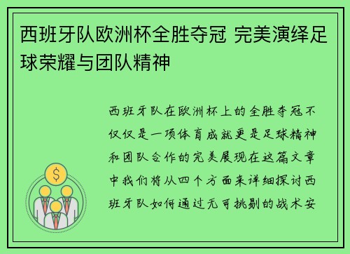 西班牙队欧洲杯全胜夺冠 完美演绎足球荣耀与团队精神